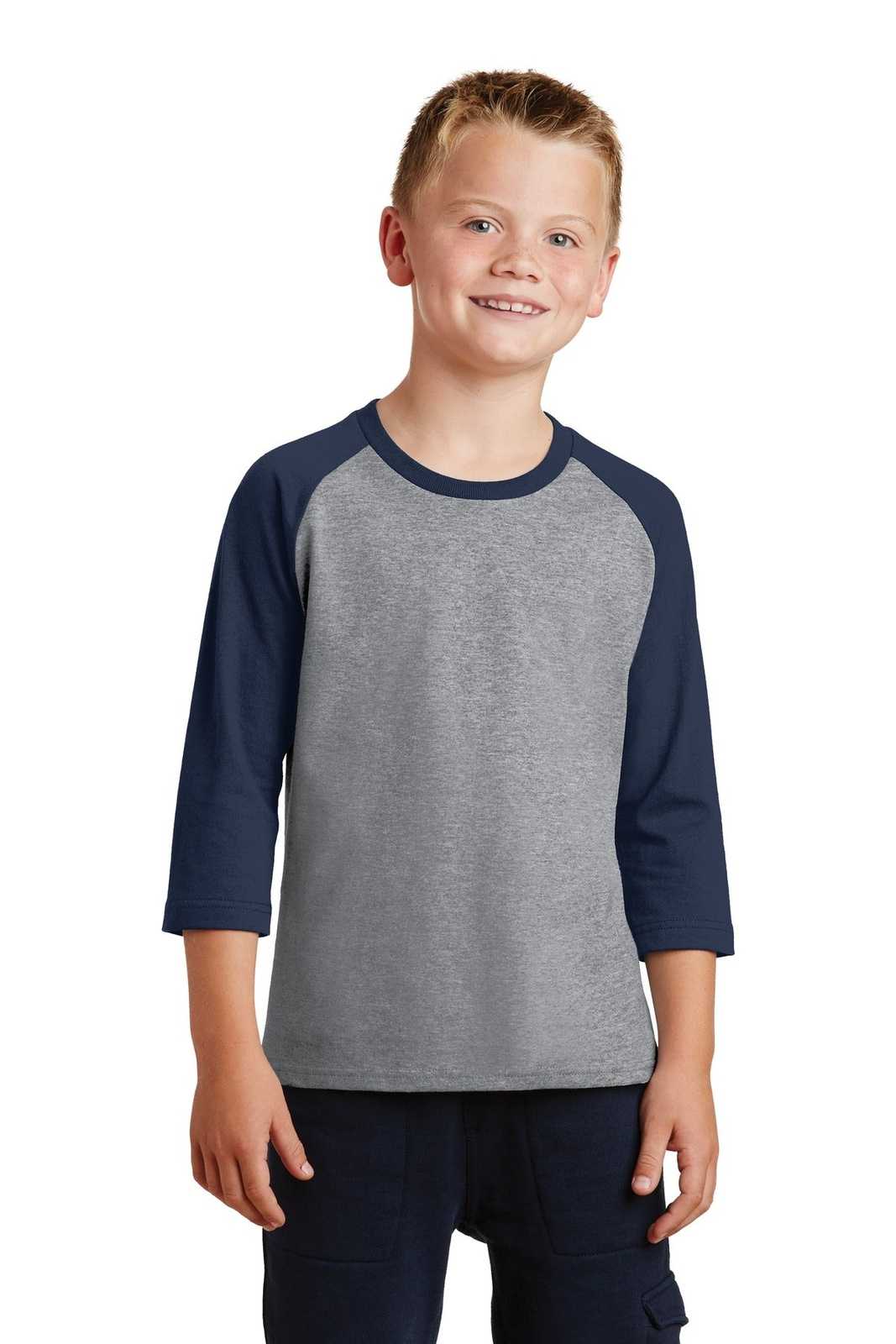 Port & Company PC55YRS Youth Core Blend 3/4-Sleeve Raglan Tee - Athletic Heather Navy - HIT a Double - 1