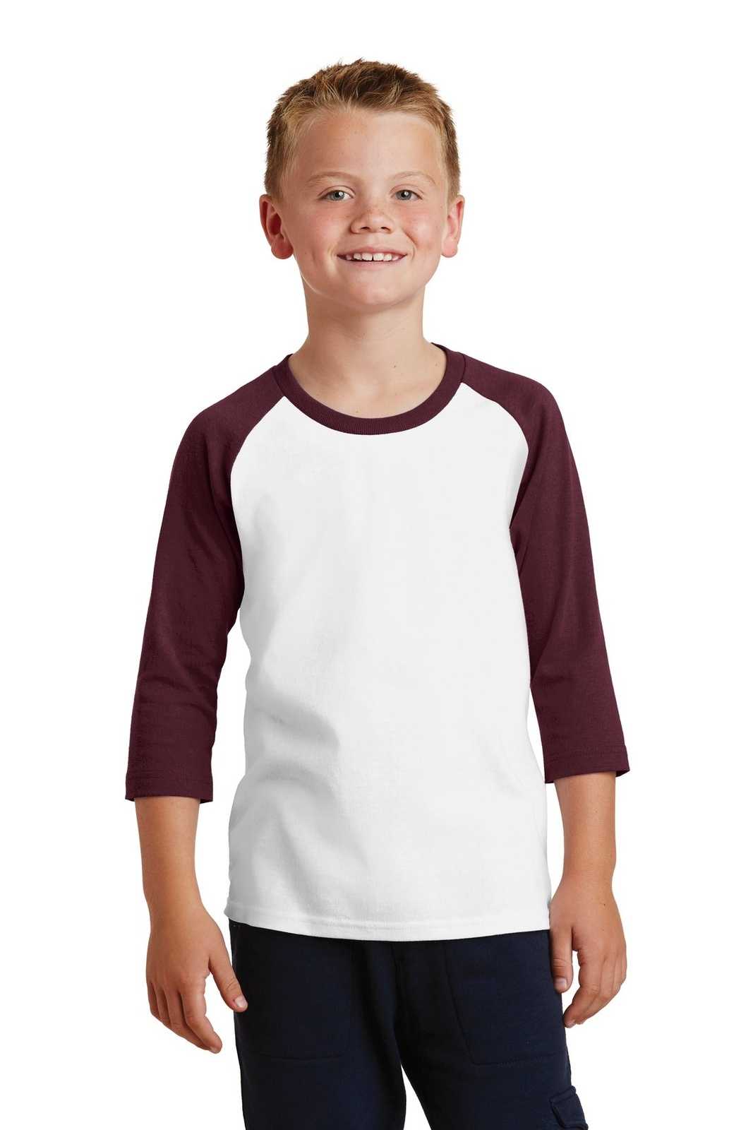 Port & Company PC55YRS Youth Core Blend 3/4-Sleeve Raglan Tee - White Athletic Maroon - HIT a Double - 1