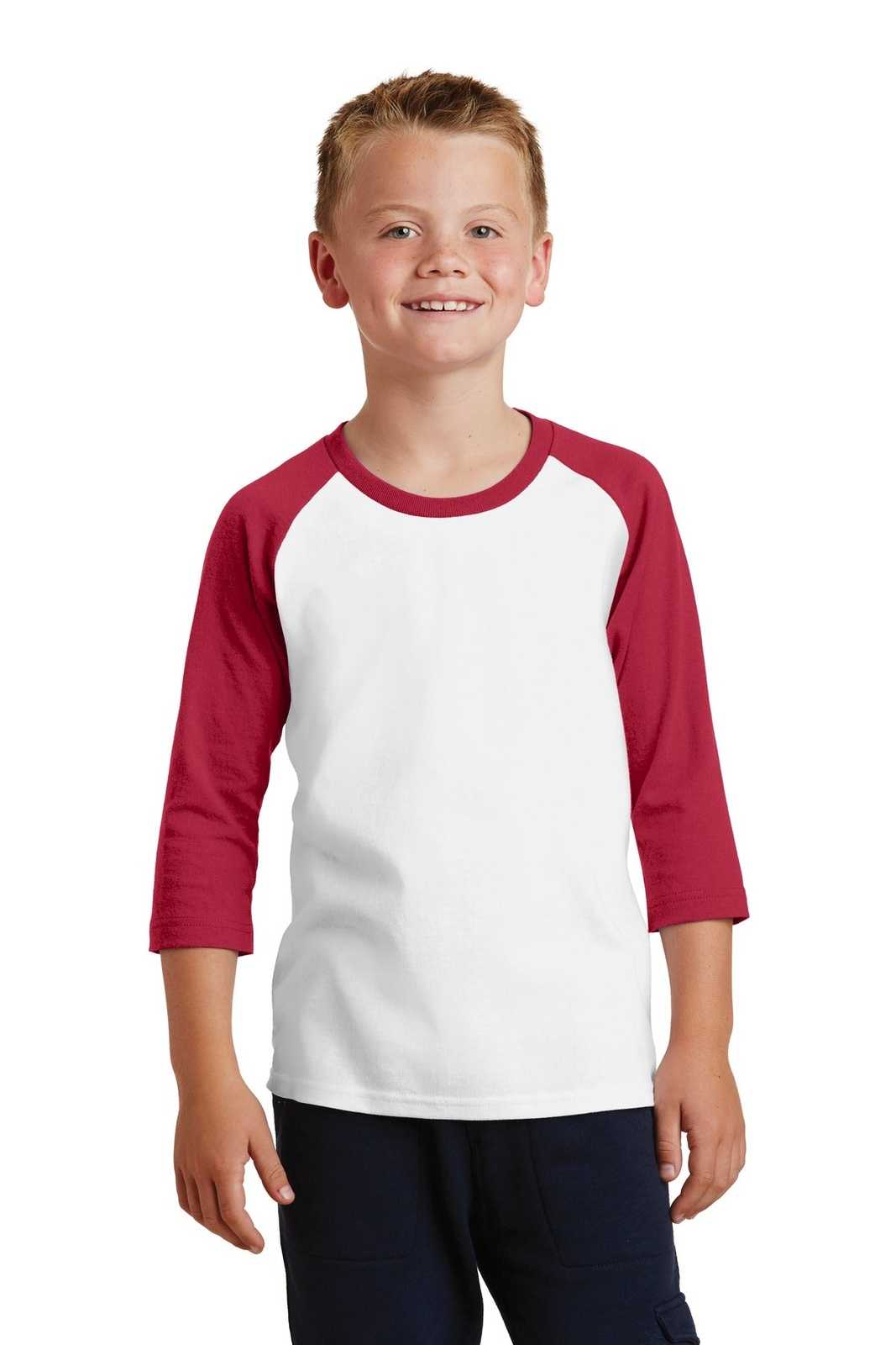 Port & Company PC55YRS Youth Core Blend 3/4-Sleeve Raglan Tee - White Red - HIT a Double - 1