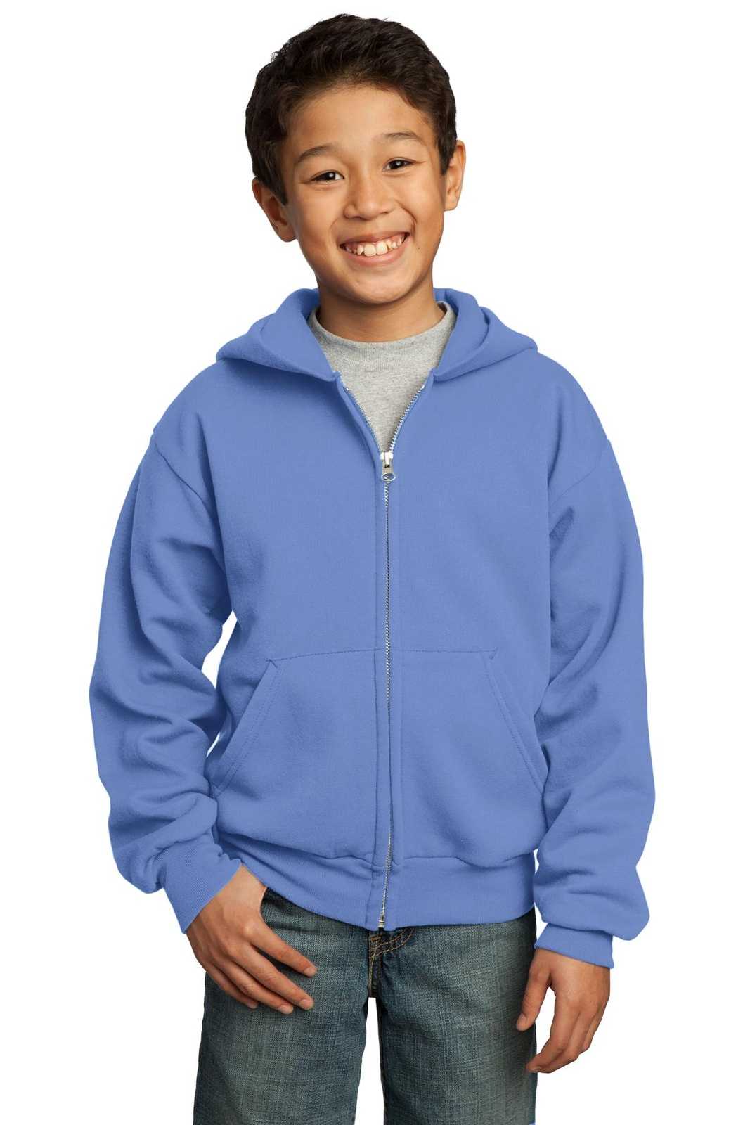 Port & Company PC90YZH Youth Core Fleece Full-Zip Hooded Sweatshirt - Carolina Blue - HIT a Double - 1