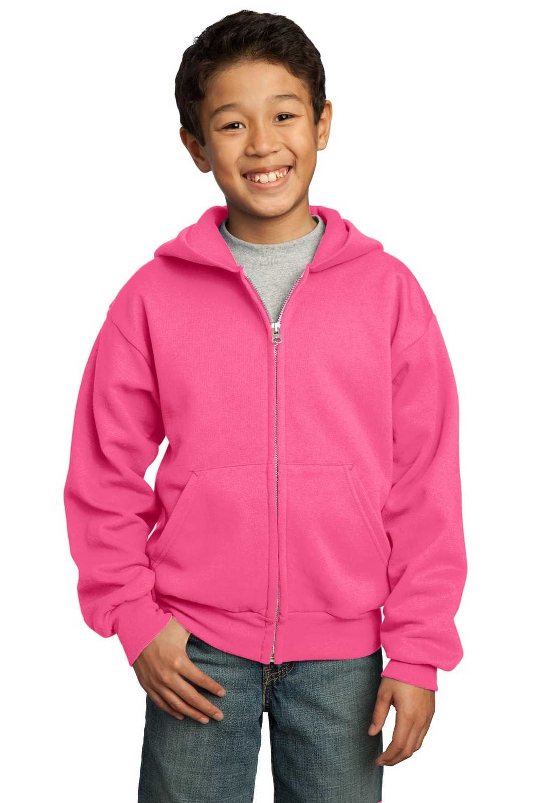 Port & Company PC90YZH Youth Core Fleece Full-Zip Hooded Sweatshirt - Neon Pink - HIT a Double - 1