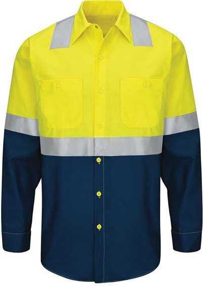 Red Kap SY14L Enhanced & Hi-Visibility Long Sleeve Work Shirt - Long Sizes - Fluorescent Yellow/ Green/ Navy - HIT a Double - 1