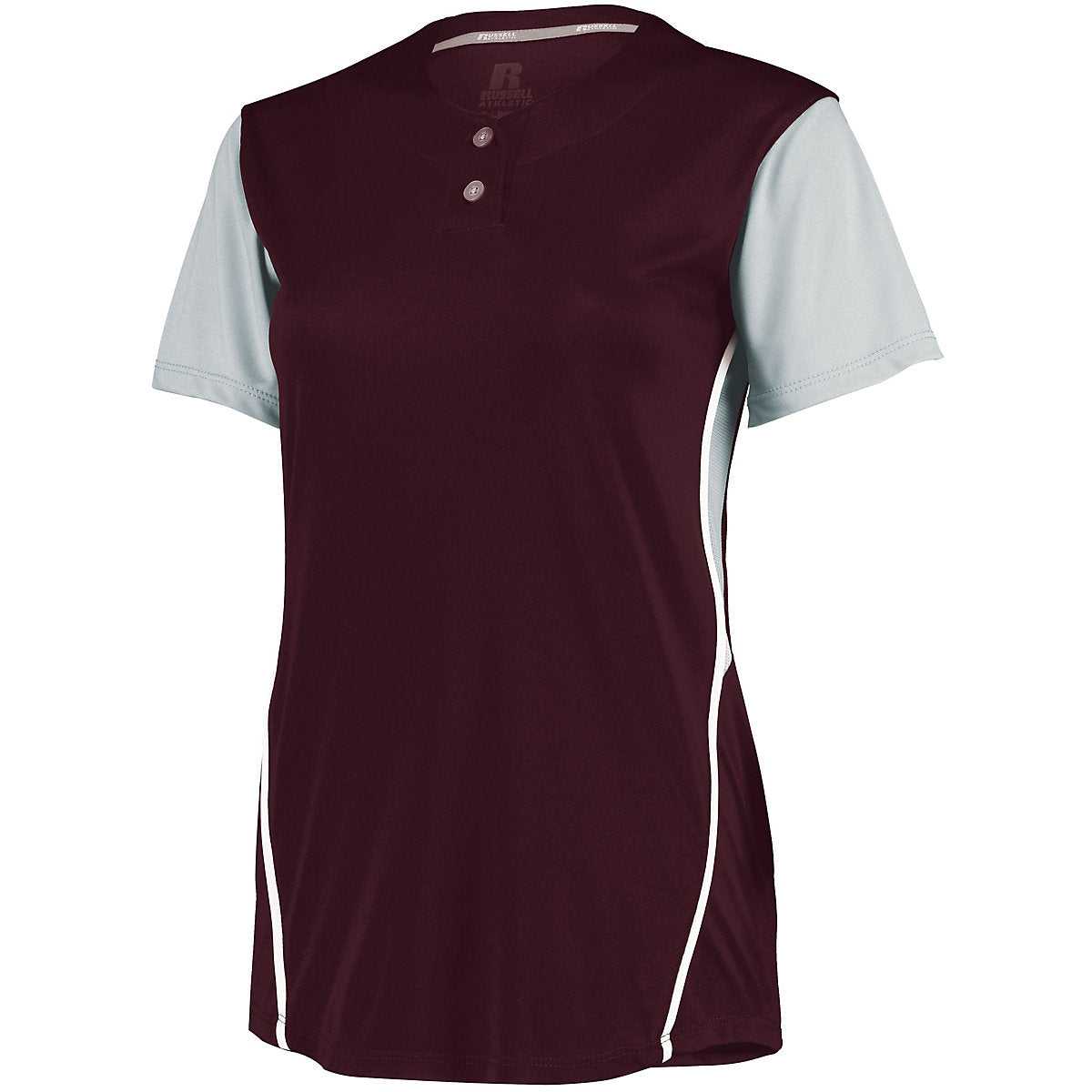 Russell 7R6X2X Ladies Performance Two-Button Color Block Jersey - Maroon Baseball Grey - HIT a Double