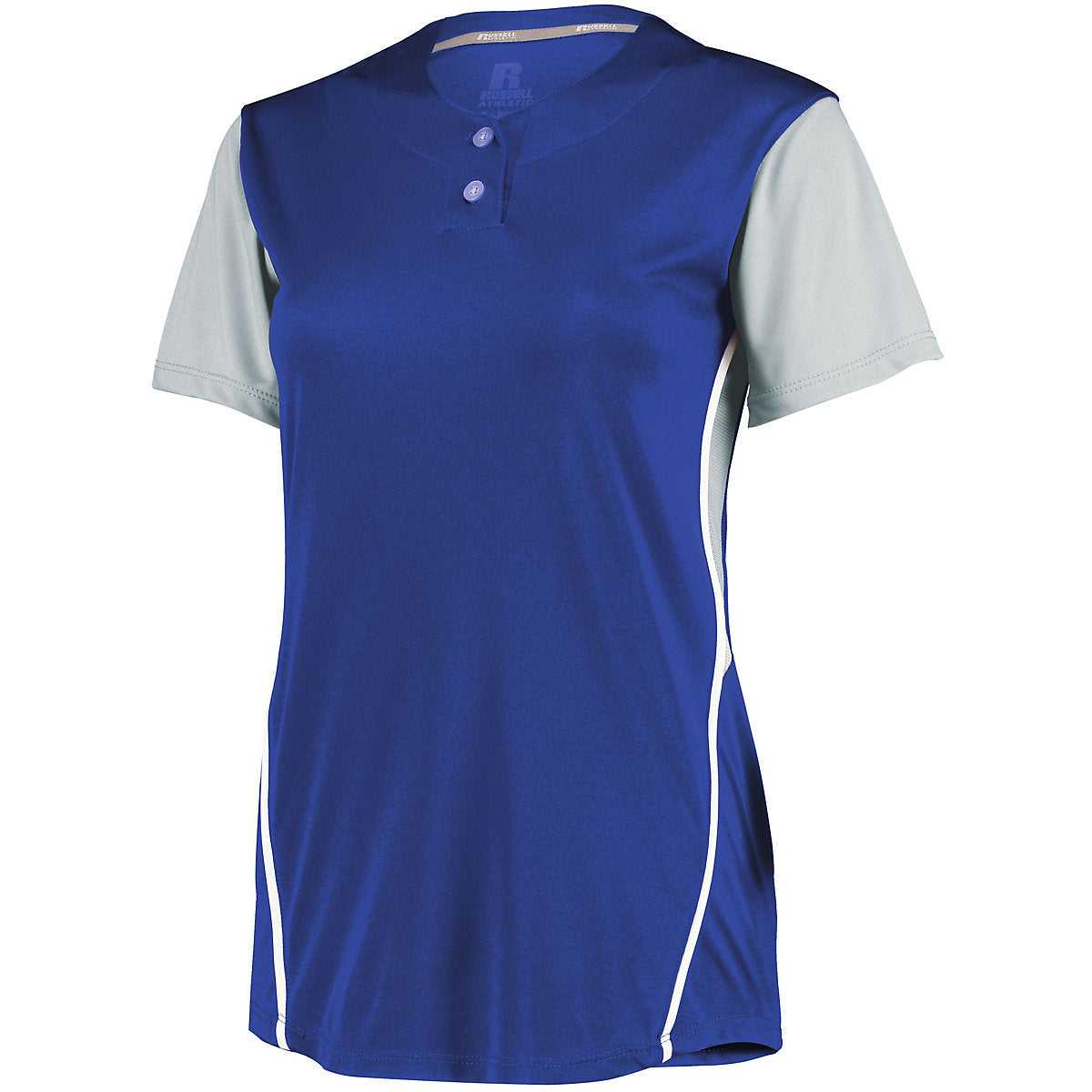 Russell 7R6X2X Ladies Performance Two-Button Color Block Jersey - Royal Baseball Grey - HIT a Double