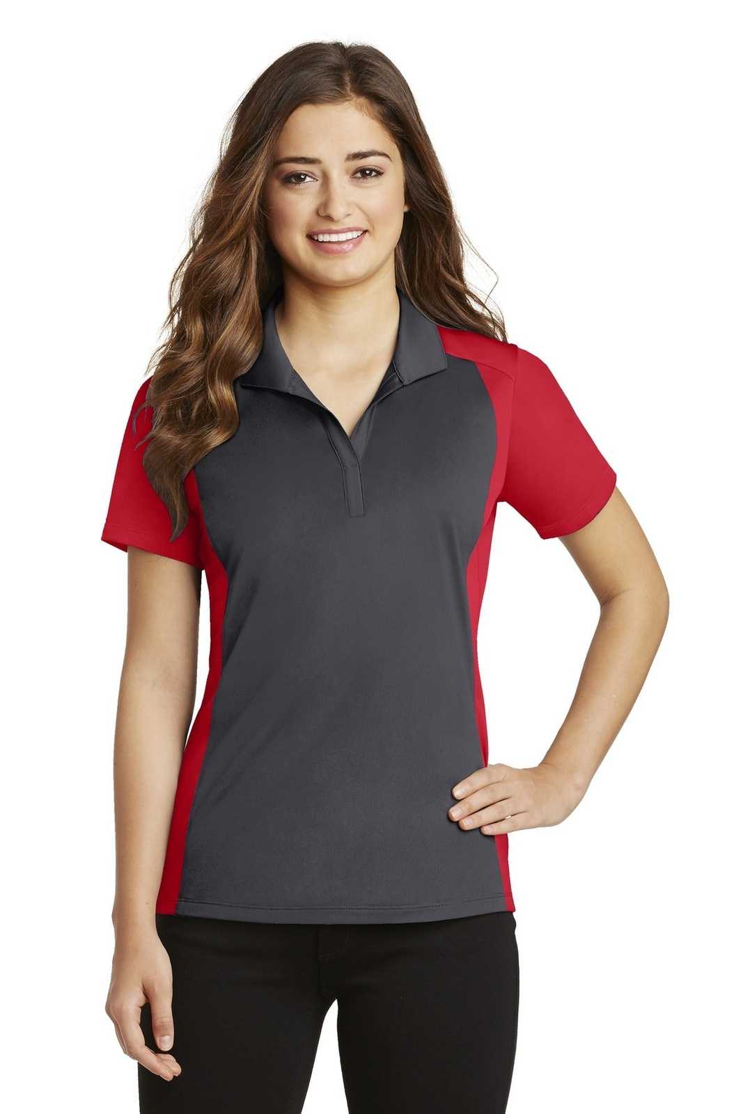 Sport-Tek LST652 Ladies Colorblock Micropique Sport-Wick Polo - Iron Gray True Red - HIT a Double - 1