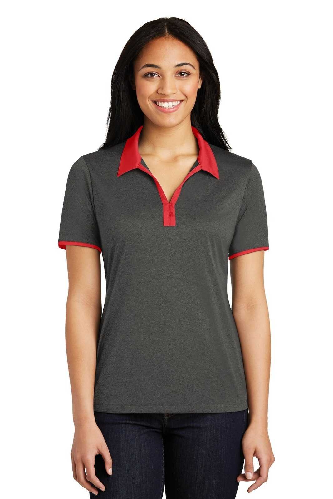 Sport-Tek LST667 Ladies Heather Contender Contrast Polo - Graphite Heather True Red - HIT a Double - 1