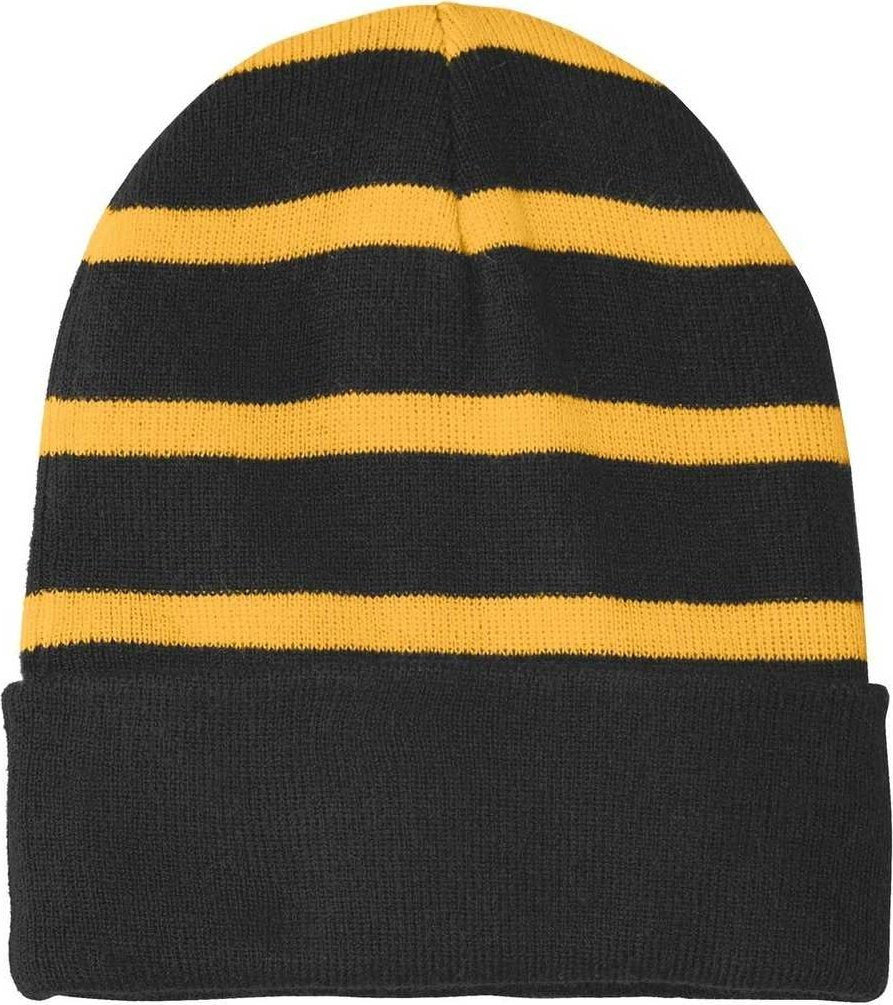 Sport-Tek STC31 Striped Beanie with Solid Band - Black Gold - HIT a Double - 1