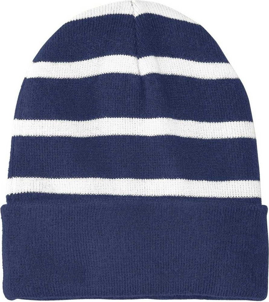 Sport-Tek STC31 Striped Beanie with Solid Band - True Navy White - HIT a Double - 1