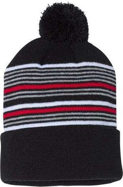 Sportsman SP60 12" Striped Pom-Pom Knit Beanie - Black White Grey Red - HIT a Double