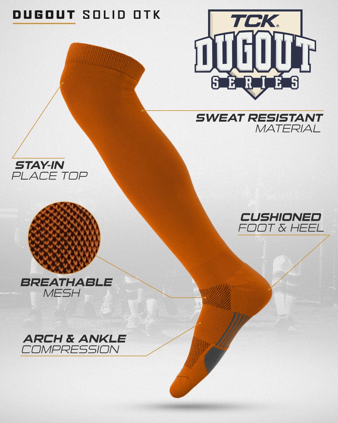 TCK Dugout Solid Color Over the Knee Sports Socks - Texas Orange - HIT a Double - 1