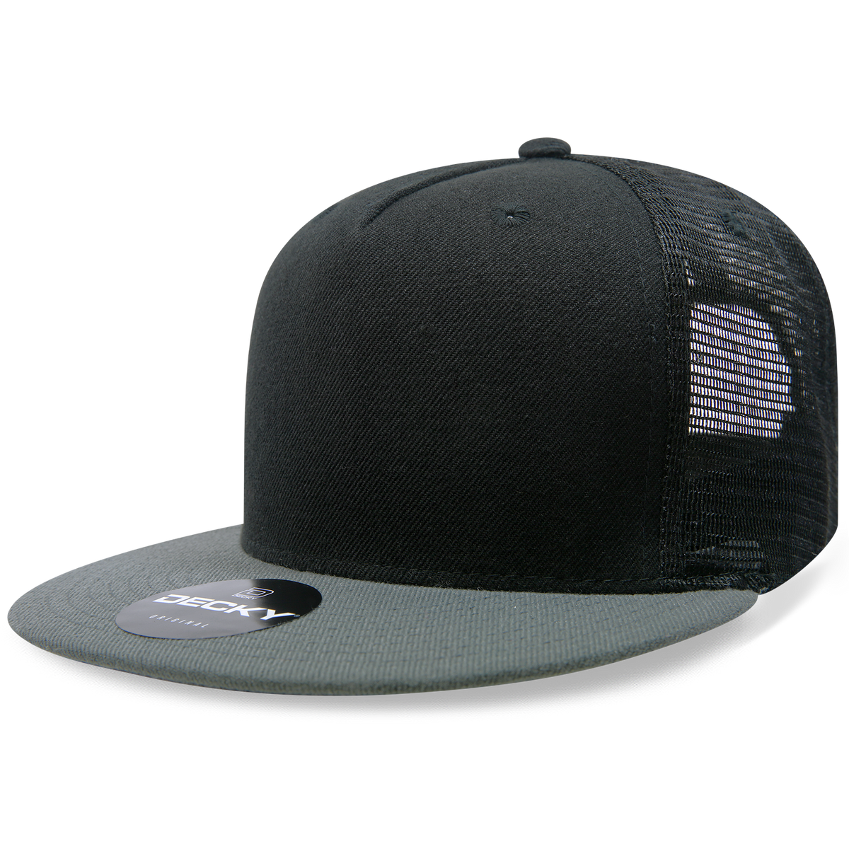 Decky 1063 10 Panel Flat Bill Trucker Cap - Black Dark Grey