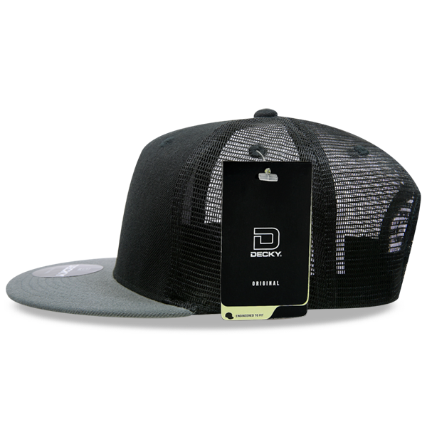 Decky 1063 10 Panel Flat Bill Trucker Cap - Black Dark Grey
