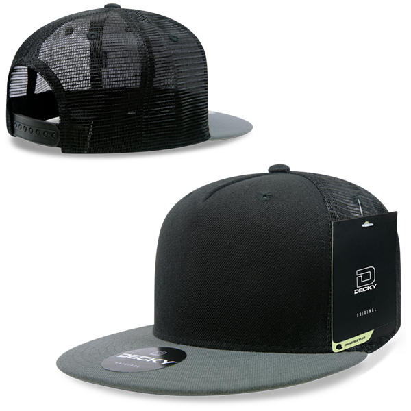 Decky 1063 10 Panel Flat Bill Trucker Cap - Black Dark Grey