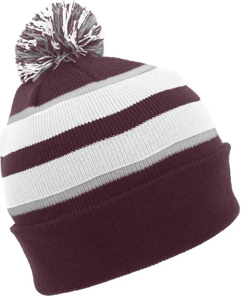 Pacific Headwear 641k Pom-pom Cuff Beanie - Maroon White Silver - 7’’ - 7 7/8’’