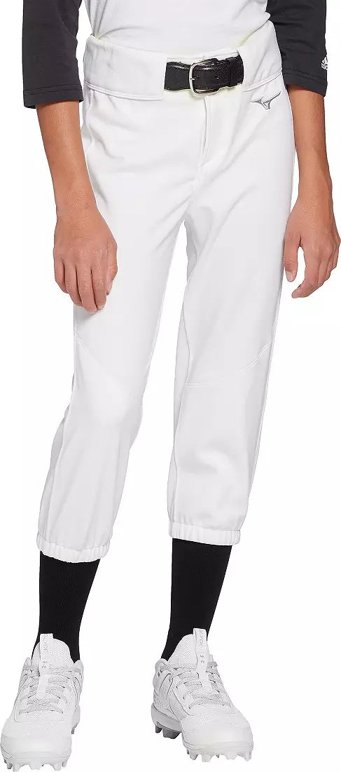 Mizuno Girl's Belted Stretch Softball Pant - White - HIT a Doubloe