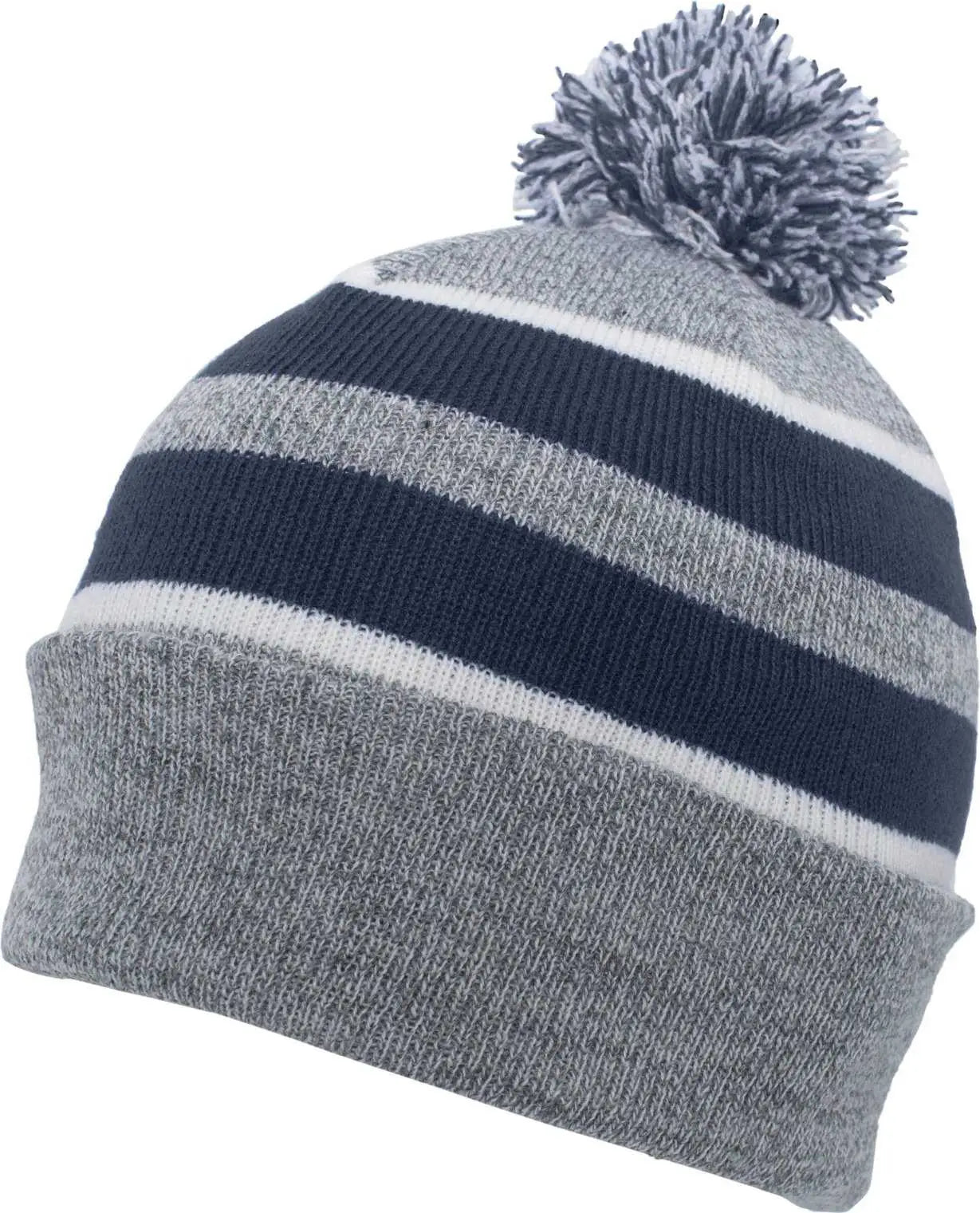 Pacific Headwear 641k Pom-pom Cuff Beanie - Heather Gray Navy White - 7’’ - 7 7/8’’