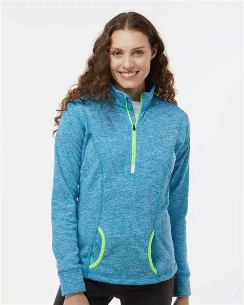 J. America 8617 Women’s Cosmic Fleece Quarter-zip Pullover - Electric Blue Neon Green