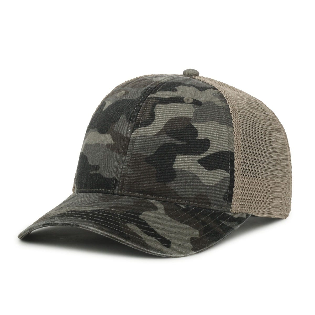 Legendary Headwear SANDBAR Washed Cotton Twill Mesh Back Trucker Cap - Camo/Tea Stain