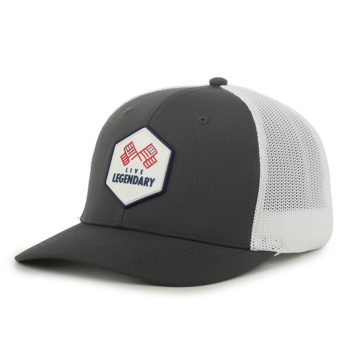Legendary Headwear SIXER FLAGS Retro Stretch Mesh Back Trucker Cap with Patch - Americana Patch/Charcoal/White