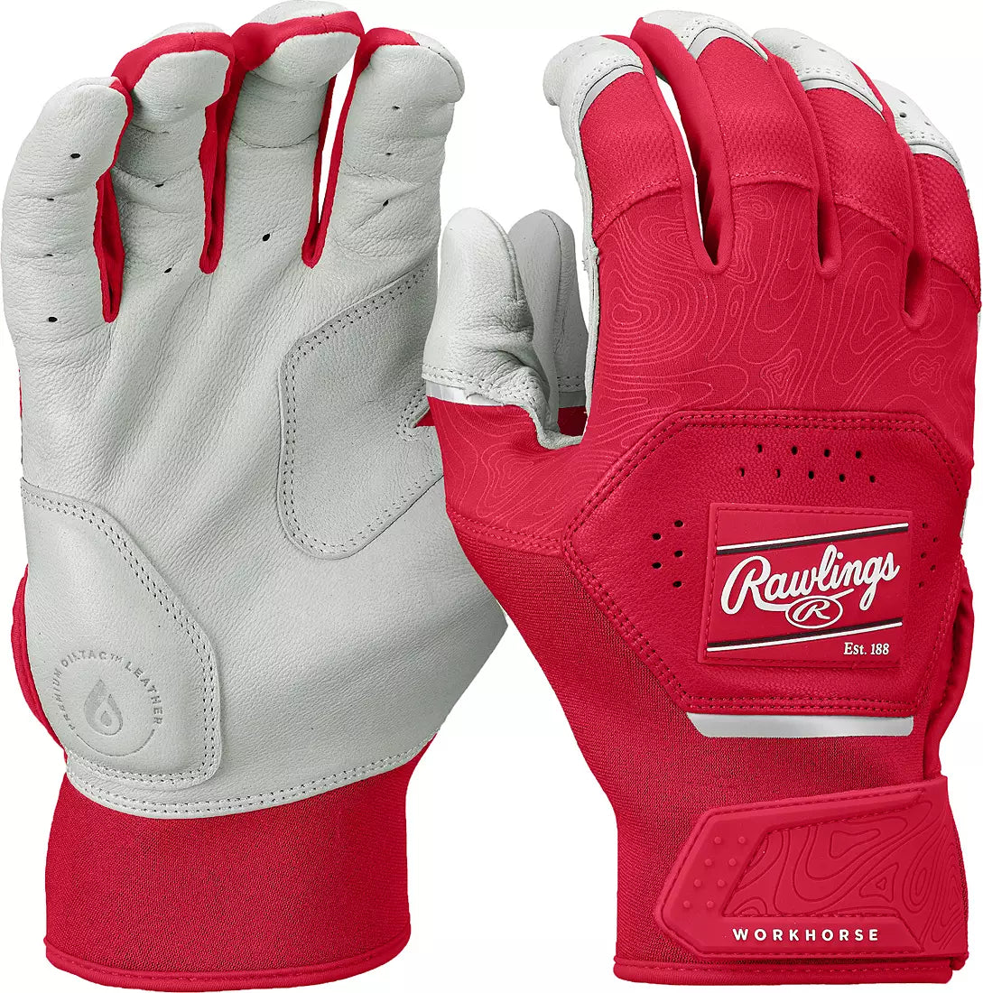 Rawlings Adult Workhorse Baseball Batting Gloves - White Scarlet