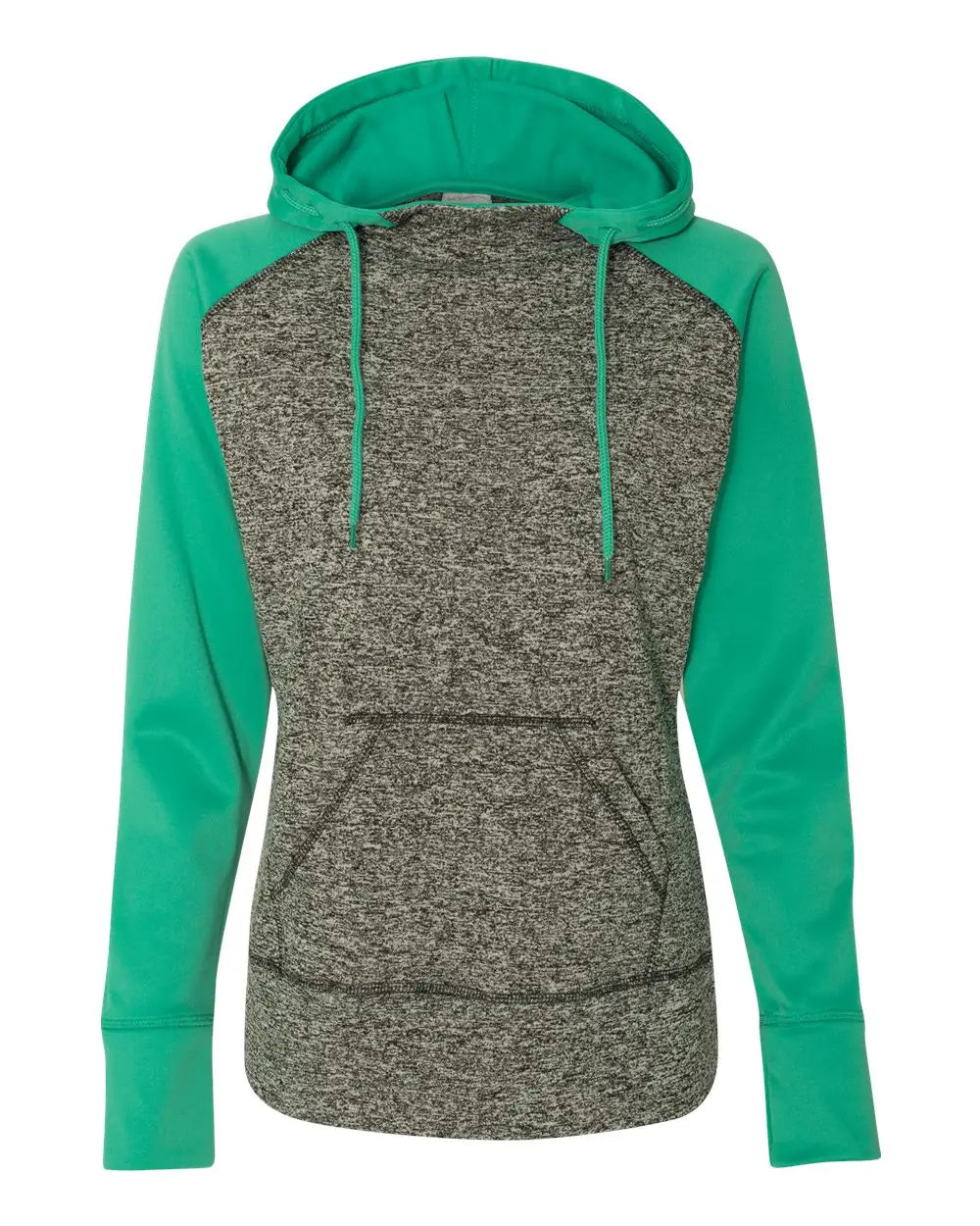 J. America 8618 Women’s Colorblocked Cosmic Fleece Hooded Sweatshirt - Charcoal Fleck Emerald - Fleck/ / s