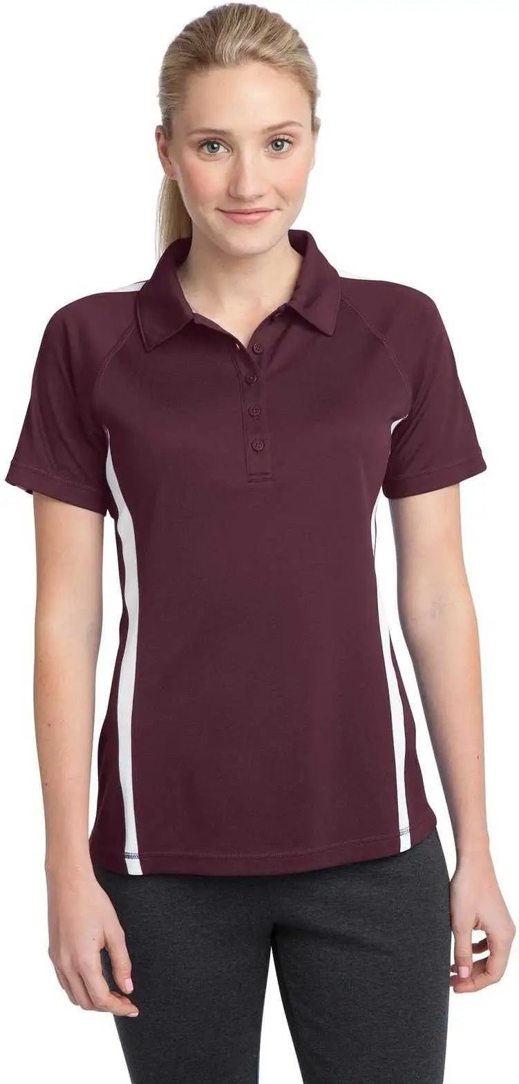 Sport-tek Lst685 Ladies Posicharge Micro-mesh Colorblock Polo - Maroon White