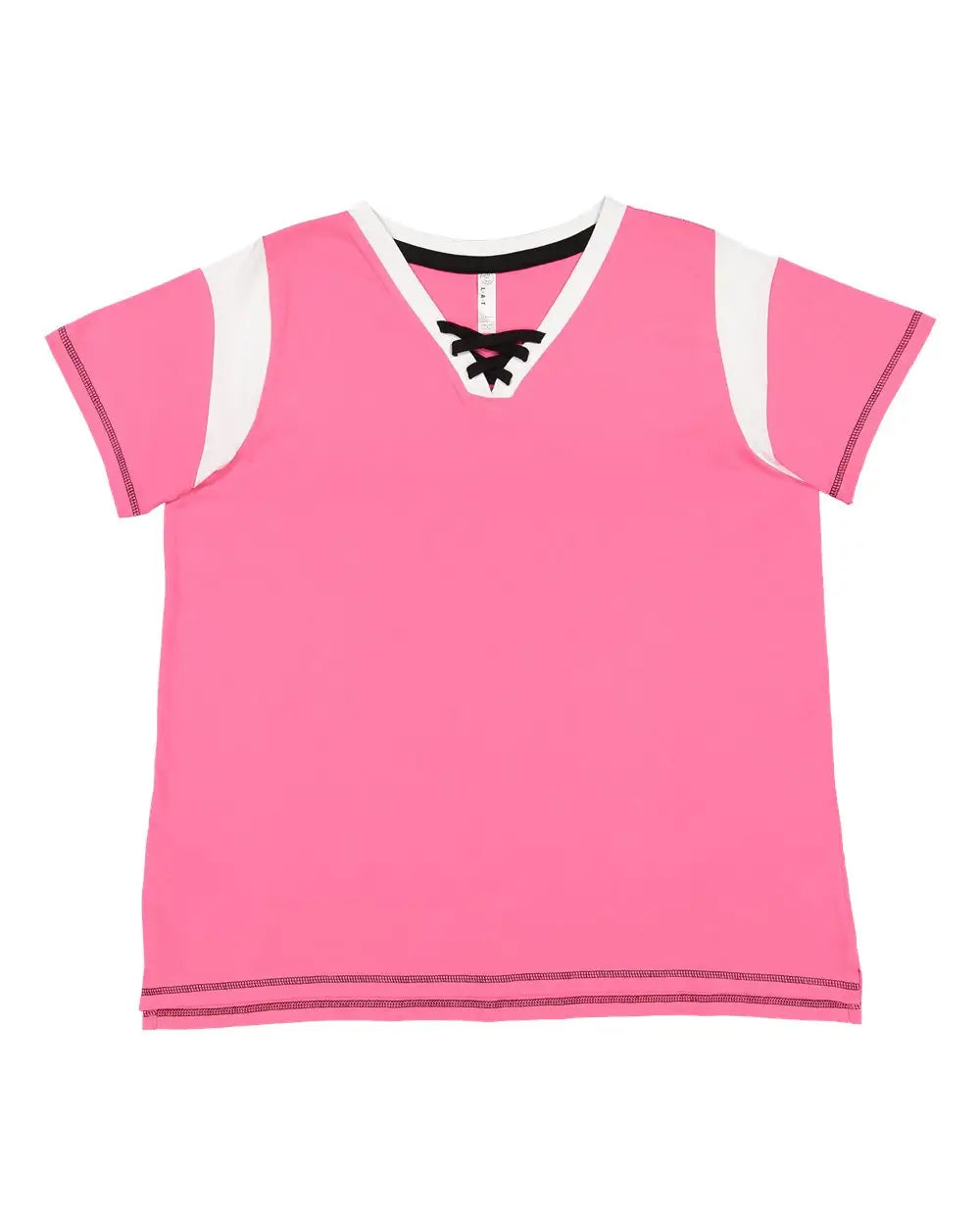 Lat 3833 Women’s Curvy Lace Up Fine Jersey Tee - Hot Pink White Black - 1 - 14/16