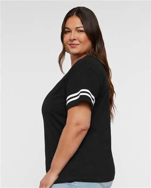 Lat 3537 Women’s Football V-neck Fine Jersey Tee - Black Solid White