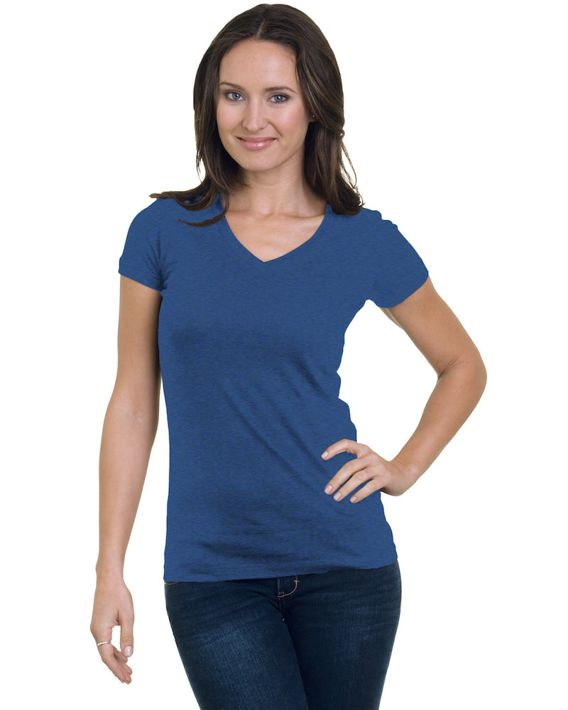 Bayside 3407 Juniors' USA-Made V-Neck T-Shirt - Heather Royal