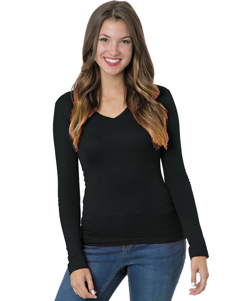 Bayside 3415B Women's USA-Made Deep V-Neck Long Sleeve T-Shirt - 3415 - Black