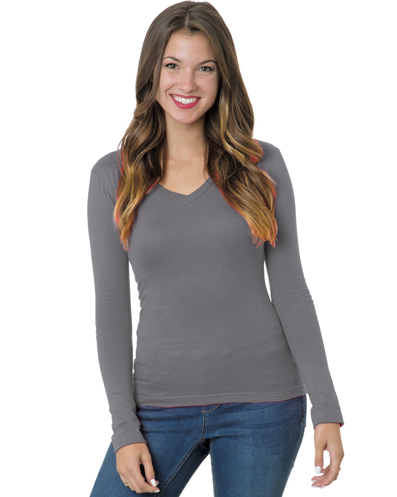 Bayside 3415B Women's USA-Made Deep V-Neck Long Sleeve T-Shirt - 3415 - Charcoal
