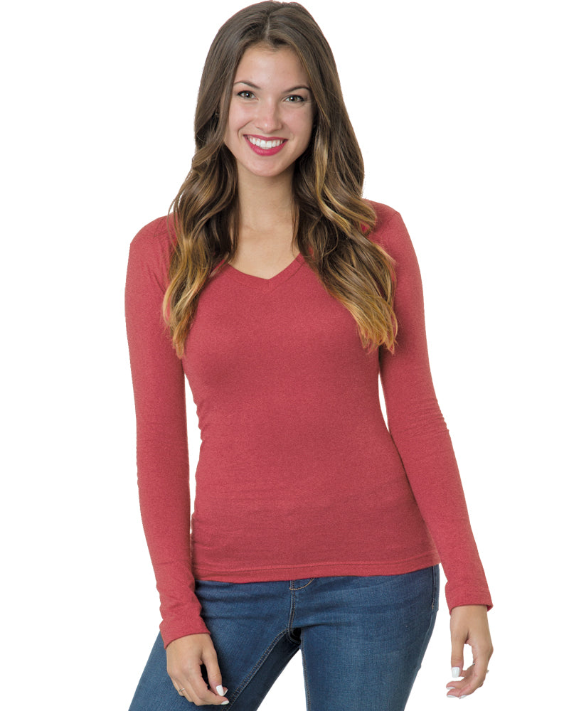 Bayside 3415B Women's USA-Made Deep V-Neck Long Sleeve T-Shirt - 3415 - Heather Red