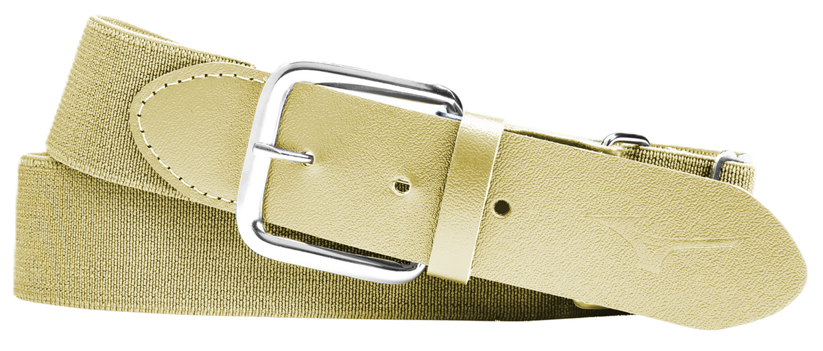 A light khaki canvas belt with a polished silver buckle, shown coiled on a solid white background.