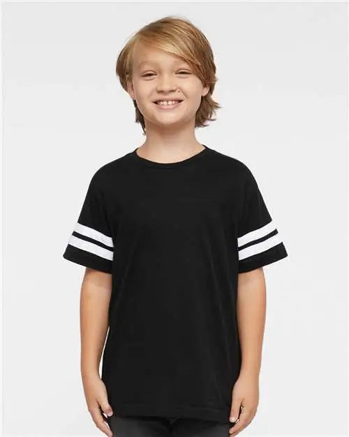 Lat 6137 Youth Football Fine Jersey Tee - Black Solid White