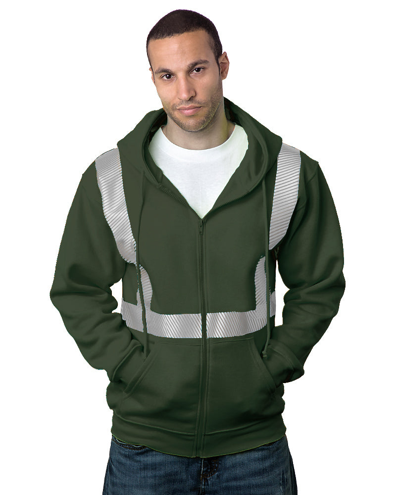 Front view of Hunter Green Bayside 3737 Hi-Vis Full-Zip Hooded Sweatshirt