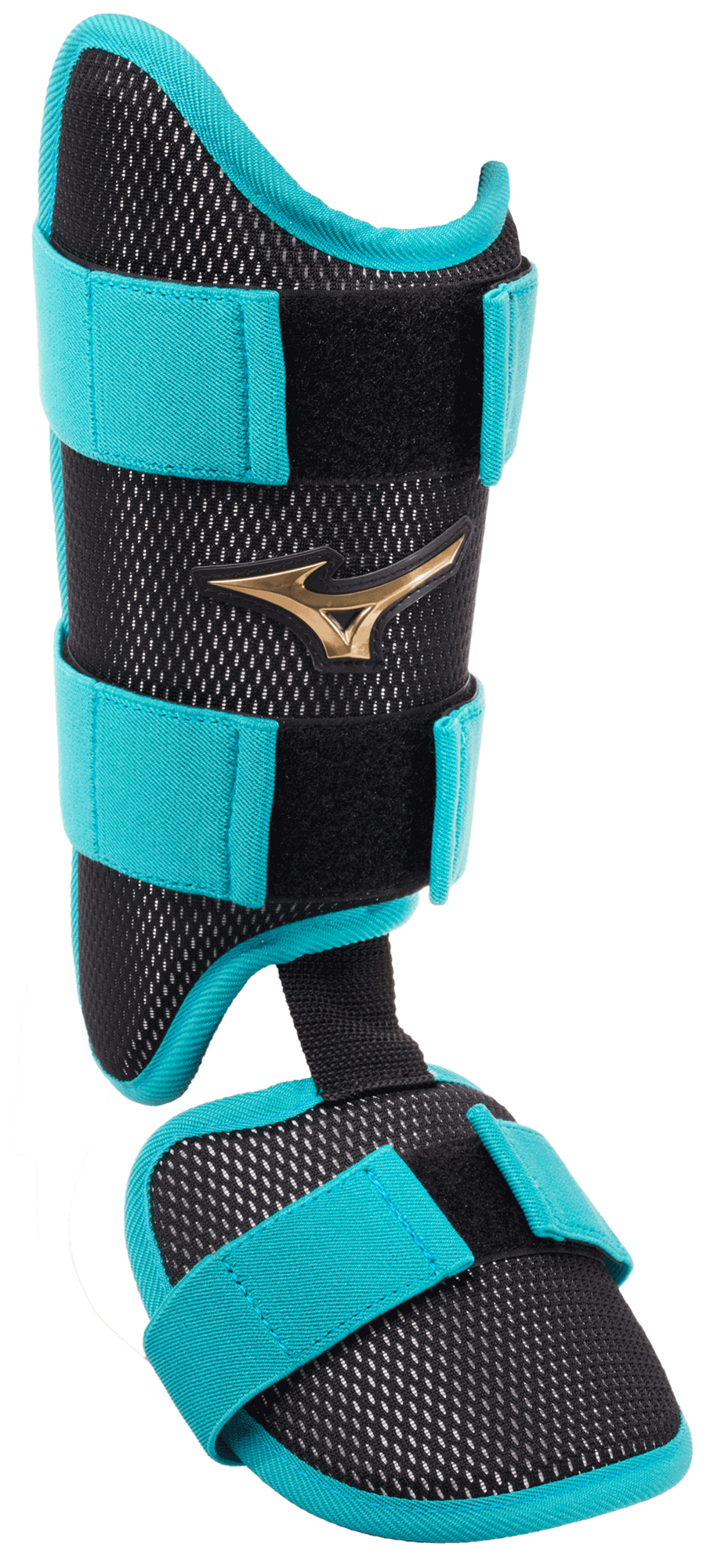 A single athletic shin and ankle support brace in black mesh with bright turquoise blue trim and straps, featuring a gold Mizuno logo on the front.
