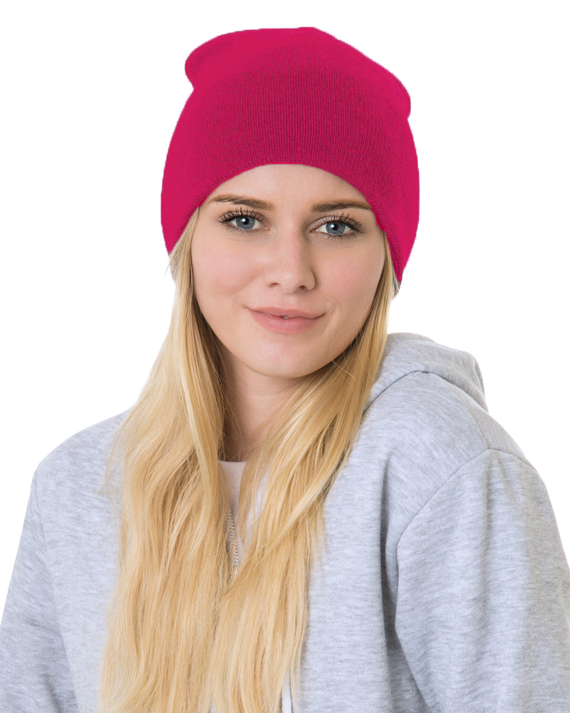 Front view of Bright Pink Bayside 3810 Knit Beanie