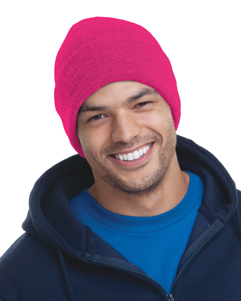 Front view of Bright Pink Bayside 3825 Knit Cuffed Beanie