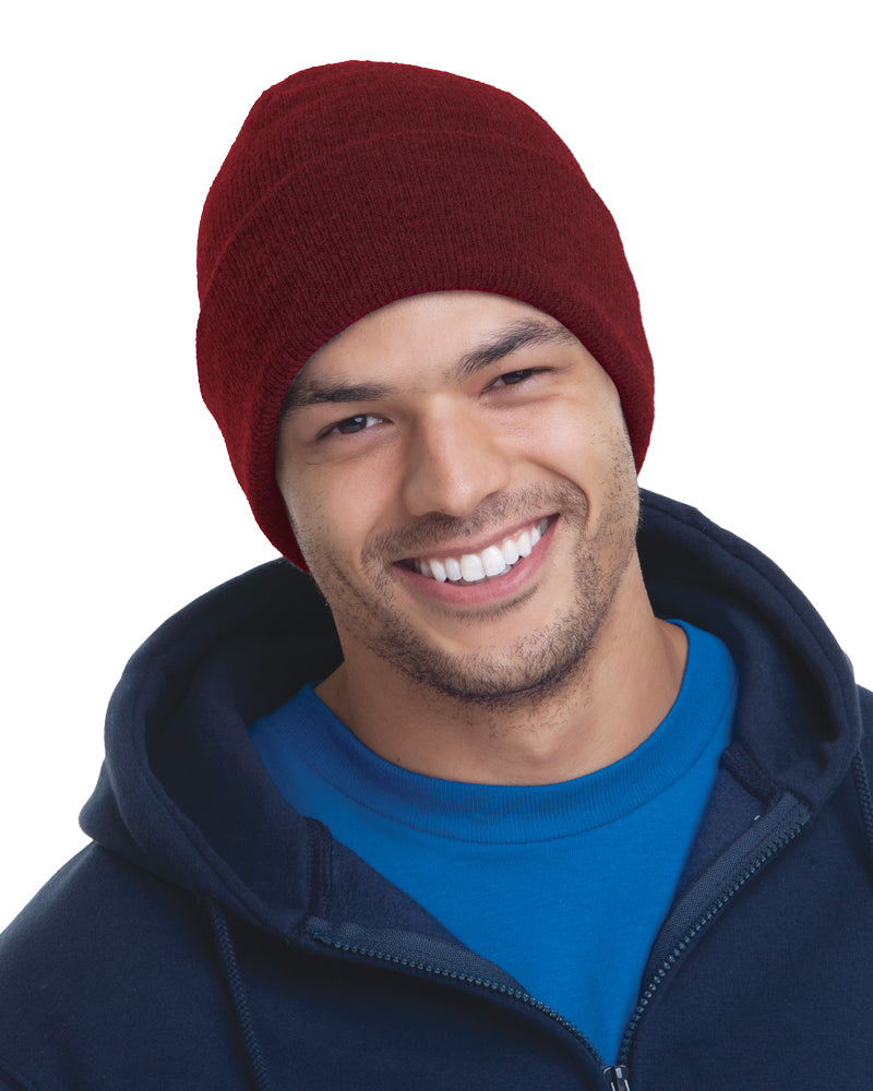 Front view of Burgundy Bayside 3825 Knit Cuffed Beanie