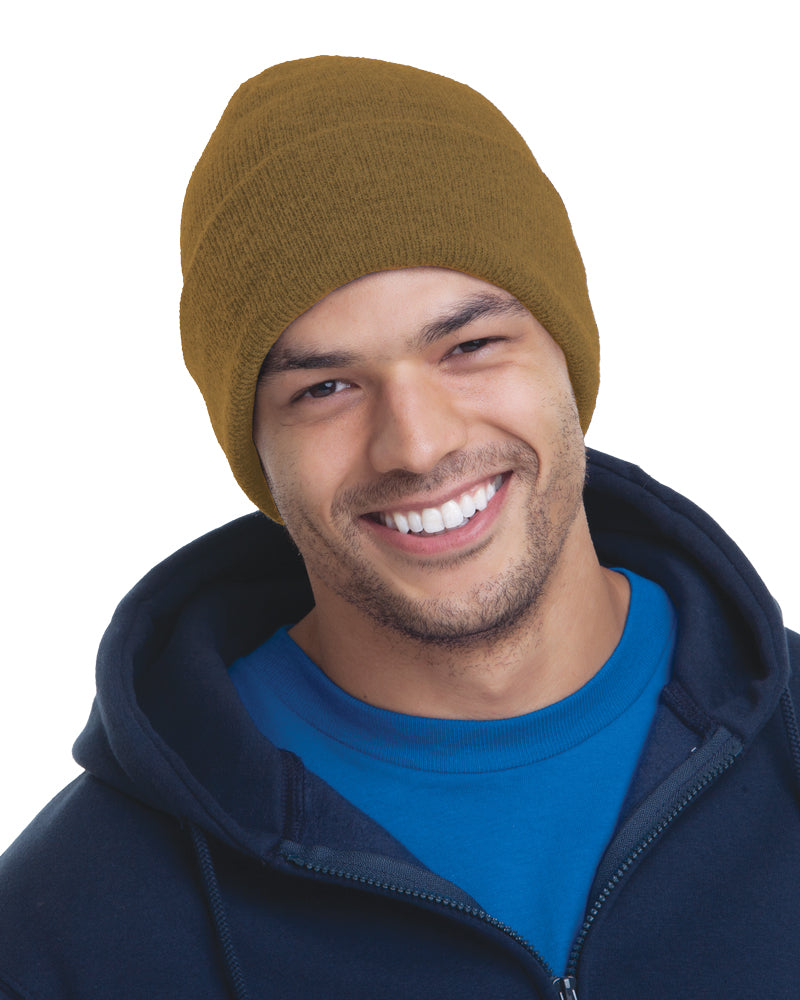 Front view of Coyote Brown Bayside 3825 Knit Cuffed Beanie