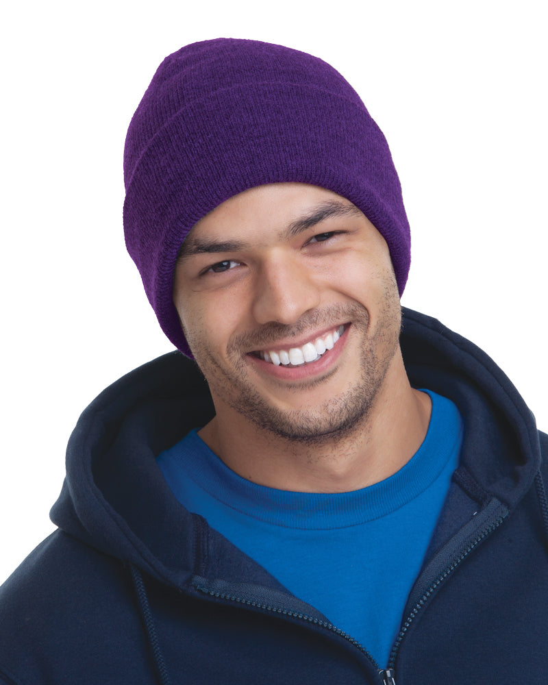 Front view of Purple Bayside 3825 Knit Cuffed Beanie