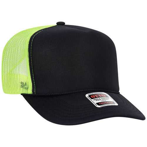 Otto 39-165 Cap 5 Panel High Crown Mesh Back Trucker Hat - 030340 - Blk/Blk/N.Ylw - HIT a Double - 1
