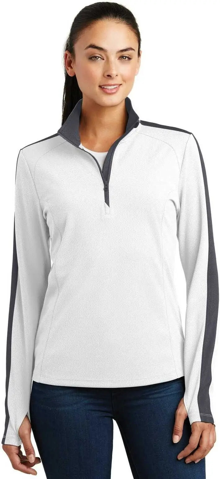 Sport-tek Lst861 Ladies Sport-wick Textured Colorblock 1/4-zip Pullover - White Iron Gray