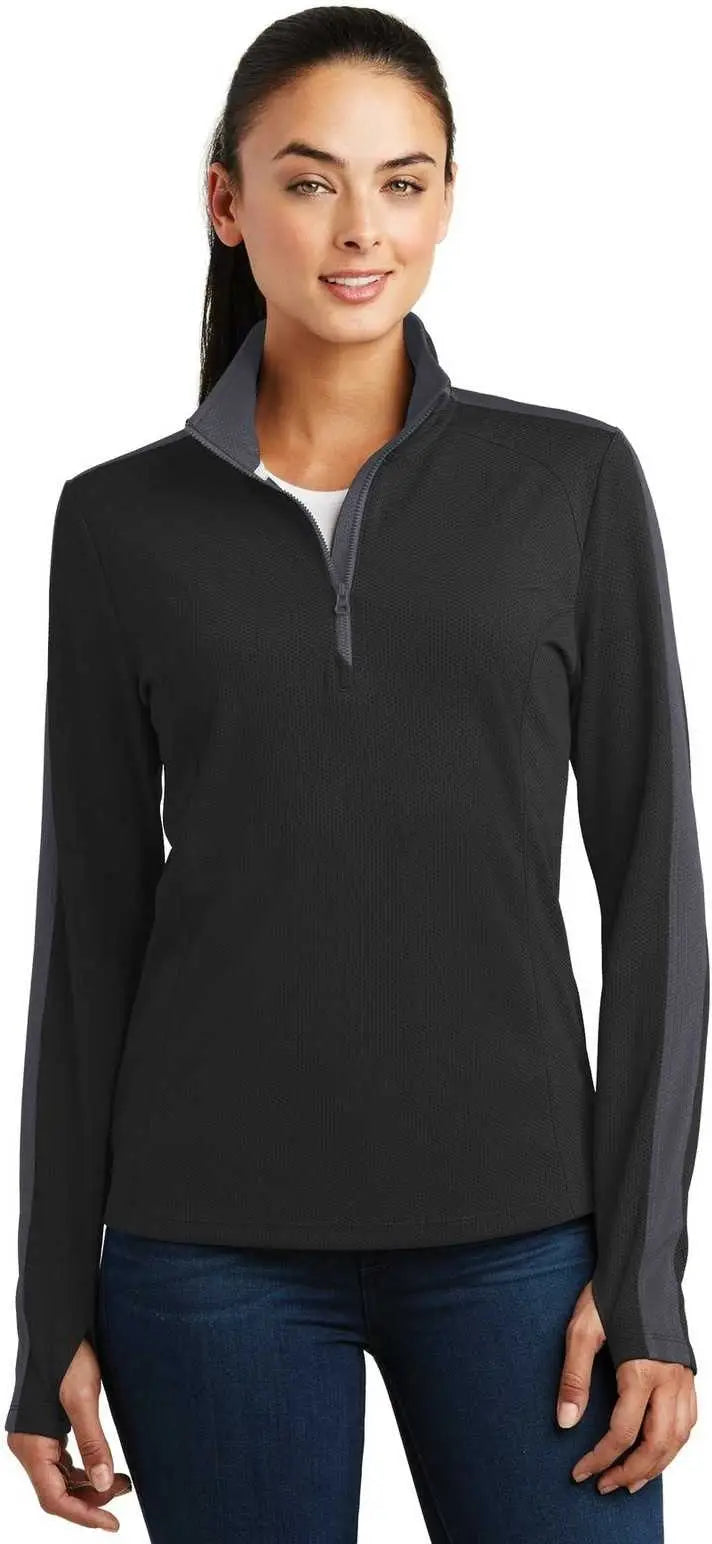 Sport-tek Lst861 Ladies Sport-wick Textured Colorblock 1/4-zip Pullover - Black Iron Gray