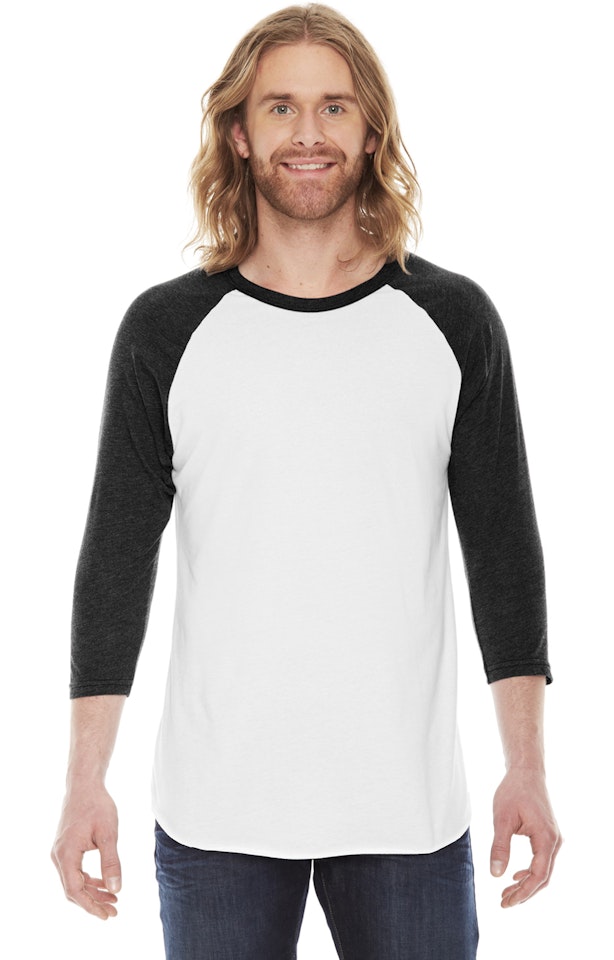 American Apparel BB453 USA-Made 50/50 Poly/Cotton Raglan Three-Quarter Sleeve Tee - US - White  Heather Black