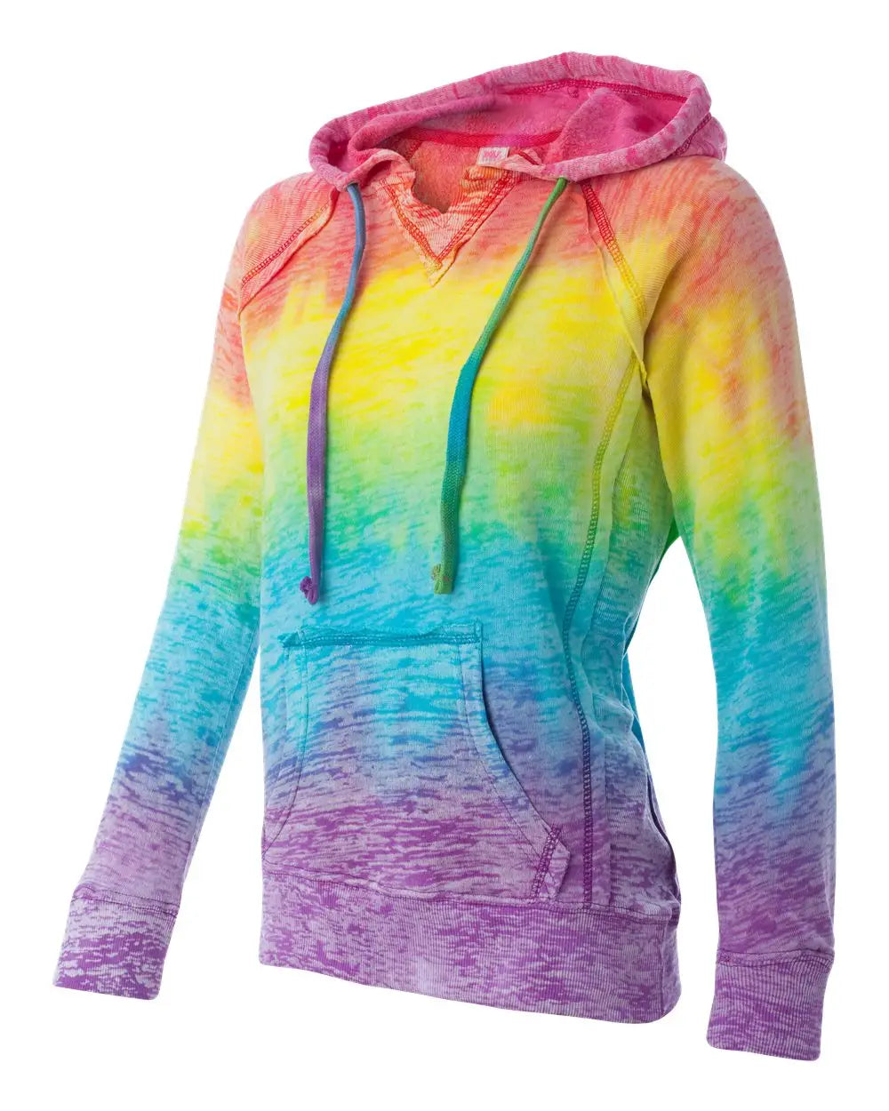Mv Sport W1162 Women’s Courtney Burnout V-notch Hooded Sweatshirt - Rainbow Stripe - Multi-colored / s