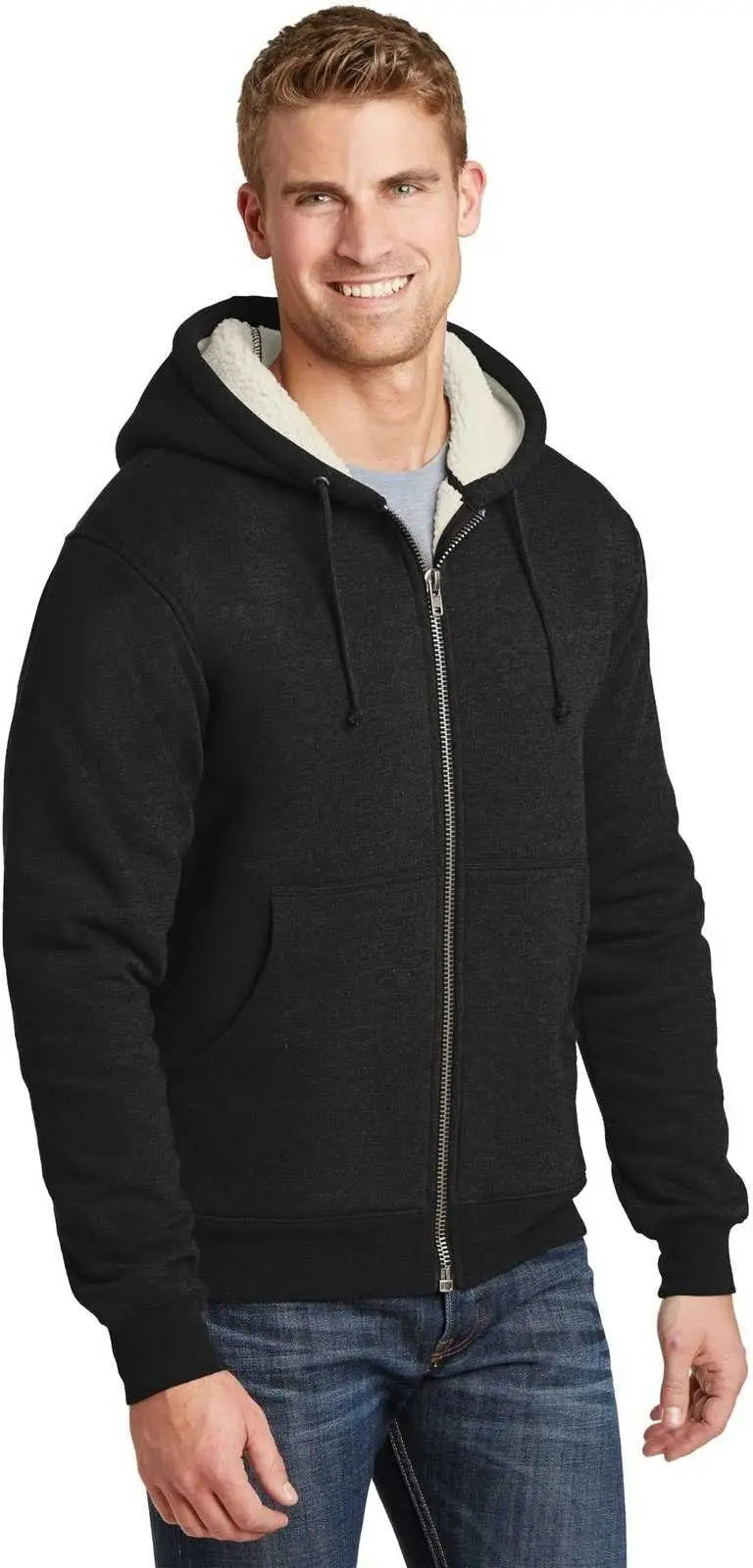 Cornerstone Cs625 Heavyweight Sherpa-lined Hooded Fleece Jacket - Black