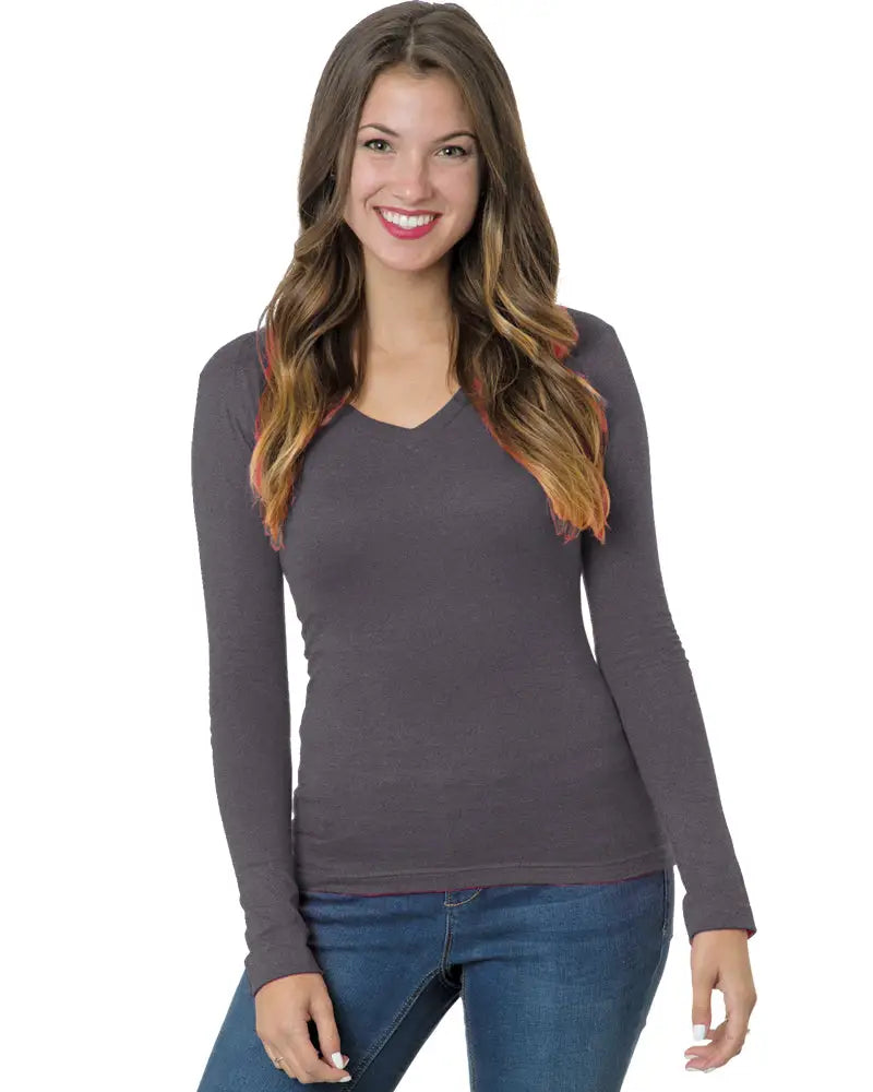 Bayside 3415b Women’s Usa-made Deep V-neck Long Sleeve T-shirt - 3415 - Heather Charcoal