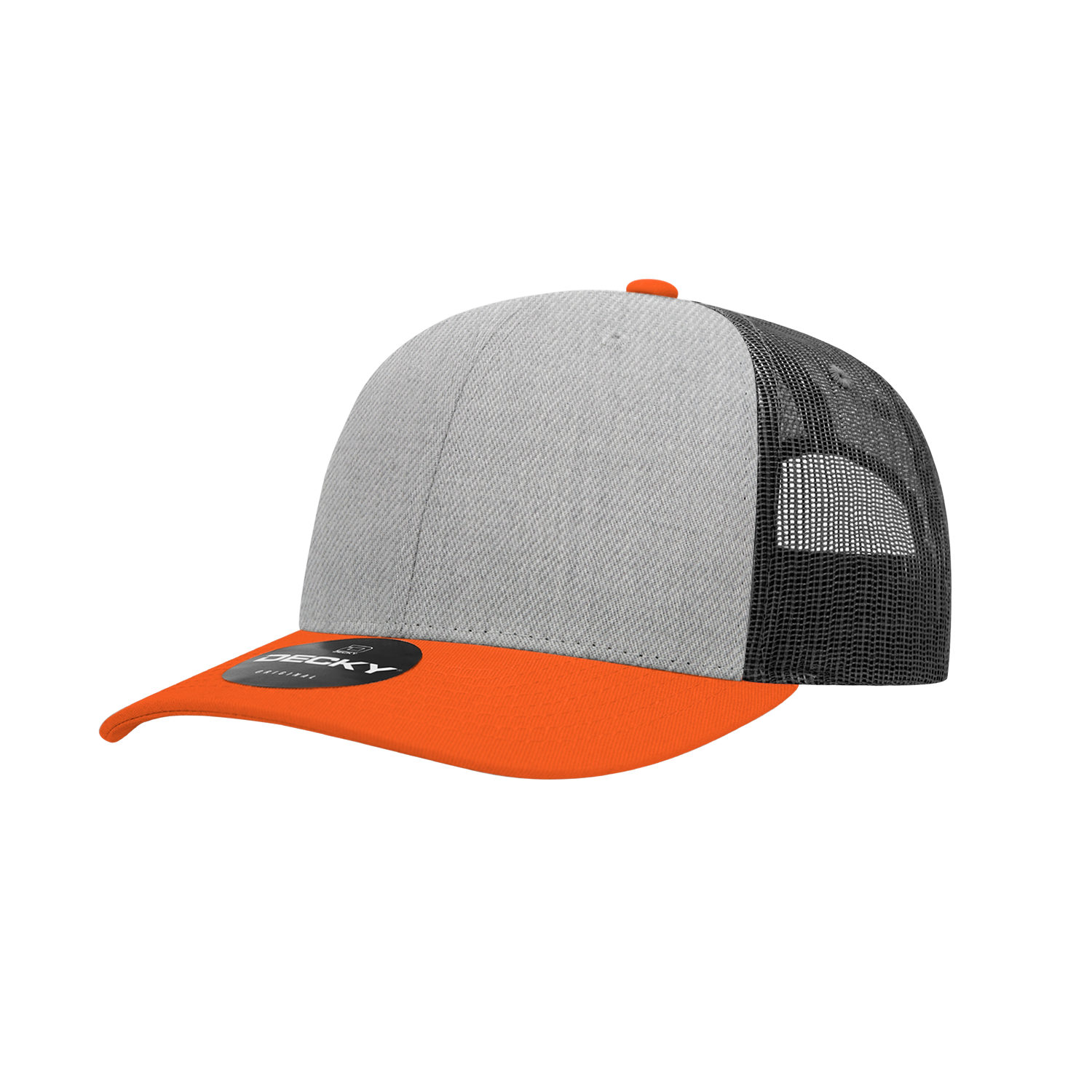Decky 6021 Mid Profile 6 Panel Poly Cotton Trucker Cap - Burnt Orange Heather Grey Charcoal