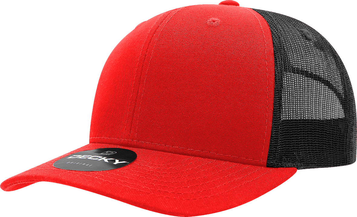 Decky 6021 Mid Profile 6 Panel Poly Cotton Trucker Cap - Red Black - one Size Fits Most